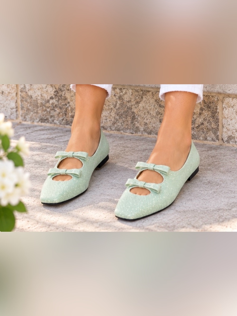 C. Paravano Flats Size EU 41/US 10-10.5 Mint Green Bow Cutout W/ Glitter Finish